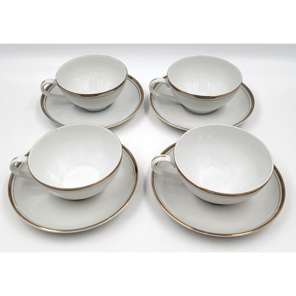 Royalton China Set of 4 Flat Cup & Saucer Sets White Gold Trim Translucent Porce - Picture 4 of 12